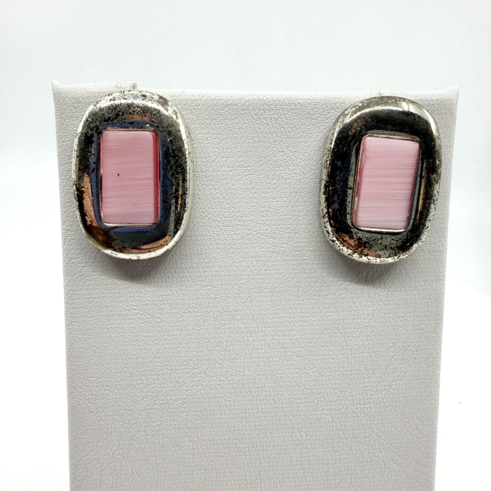 Pink Rectangular Stud Earrings Silver Tone Boho Chic Minimalist Gift